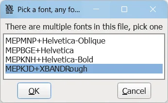 A screenshot of FontForge opening a PDF brochure from the "Piracy is a Crime"; campaign, showing that it is using the font XBAND Rough, an unlicensed clone of the font FF Confidential.